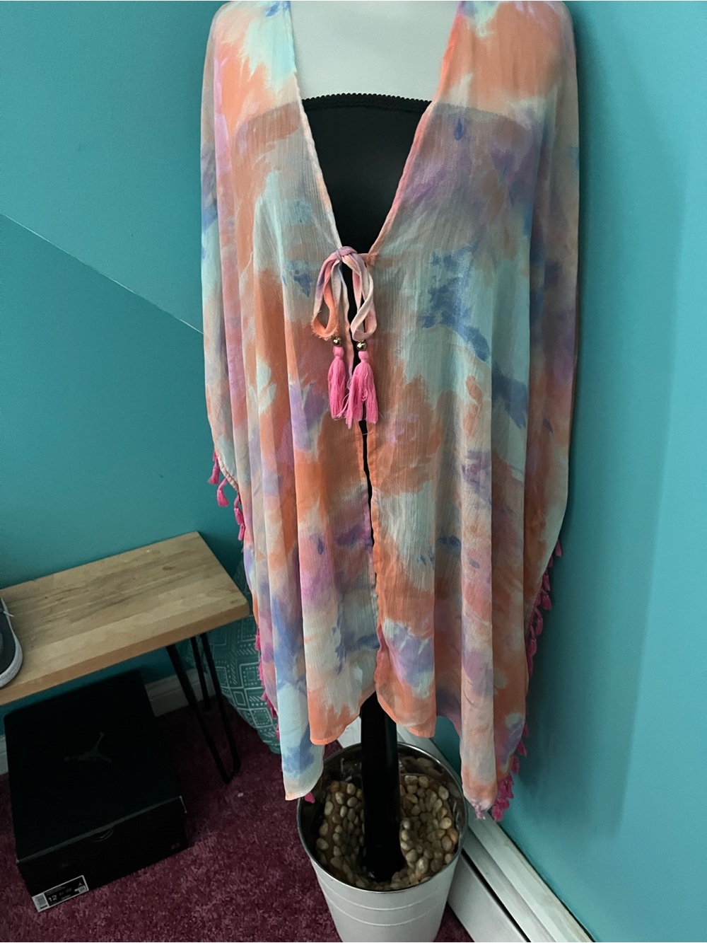 Colorful Watercolor Tie-Front Beach Kimono/ Coverup